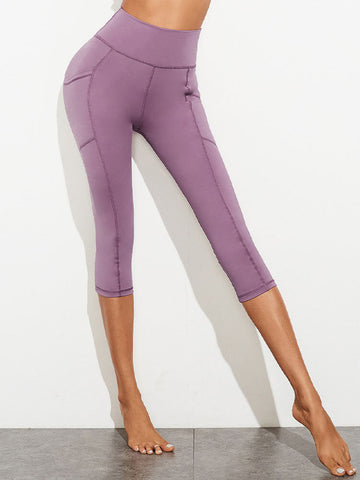 Solid Color Patchwork Pocket Elastic High Waist Cropped Running Jogging Women Yoga Leggings