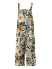 Women Vintage Sleeveless Button Floral Side Pocket Overalls Loose Printing Jumpsuits