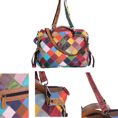 Women Genuine Leather Contrasting Color Plaid Stitching Crossbody Bag Large-capacity Waterproof Shoulder Handbag