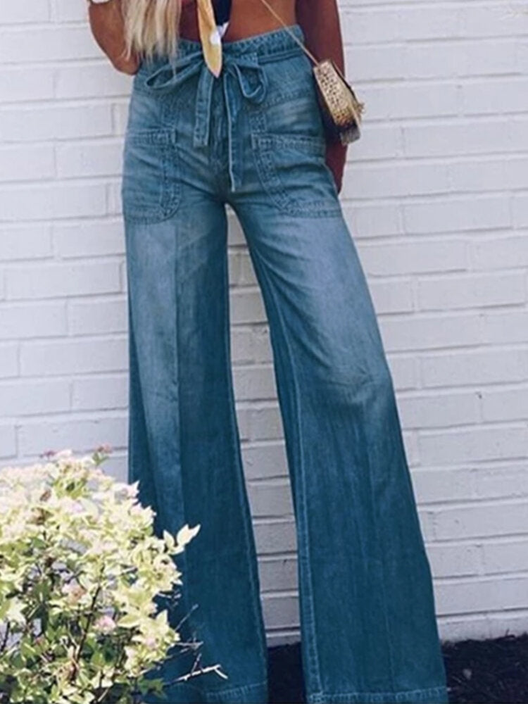Women Casual Zipper Fly Lace-Up Mid Waist Wide Leg Jeans With Pocket