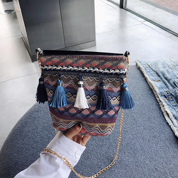 Women Weaving Tassel National Crossbody Bag Chic Bucket