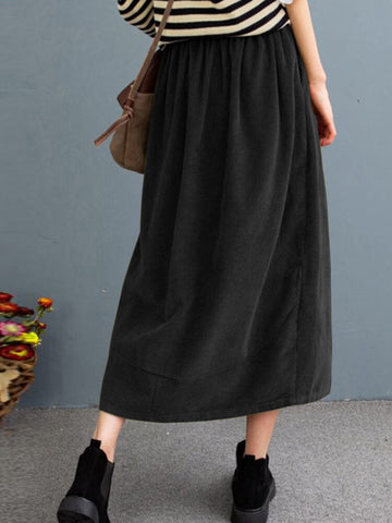 Women Corduroy Solid Elastic Waist Leisure Skirt With Side Pockets