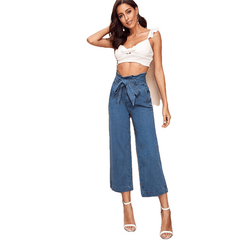 Elegante Blue High Waist Wide Leg Belted Crop Jeans