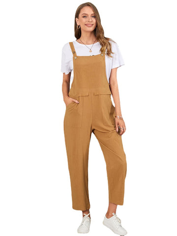 Solid Pocket Sleeveless Button Casual Jumpsuit For Women
