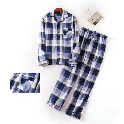 Autumn & Winter Leisure Plaid Pattern Long-Sleeved Pure Cotton Loungewear For Men