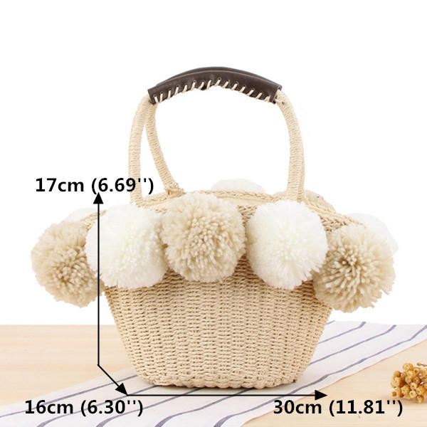 Women Travel Woven Beach Bag Cute Contrast Plush Ball Straw Handbag