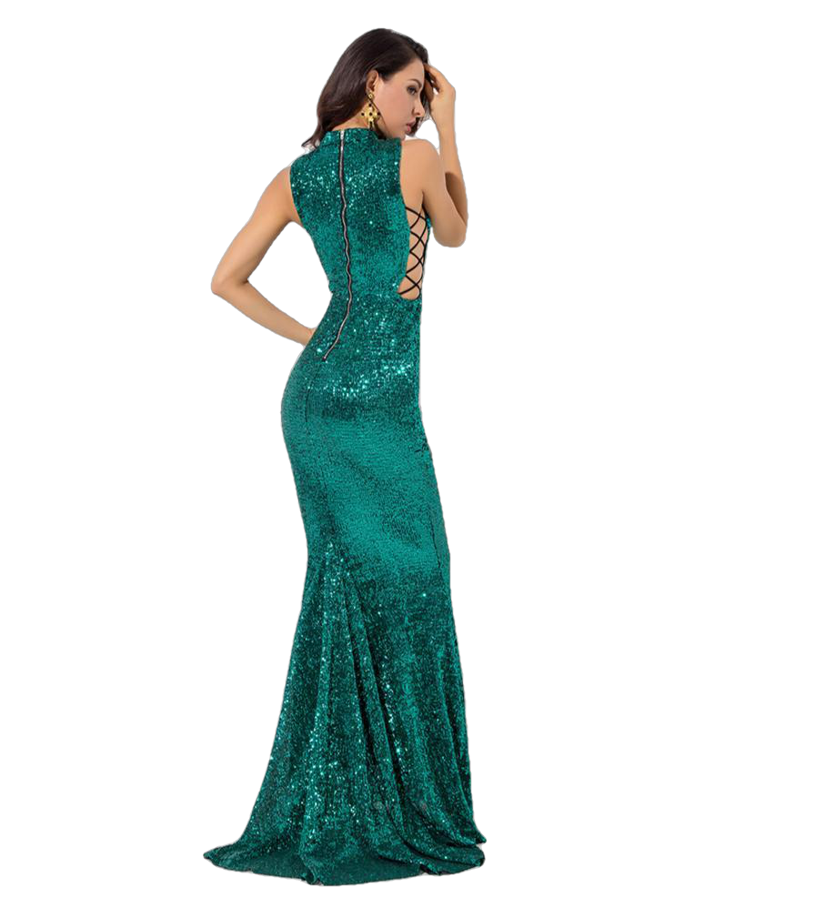 Love&Lemonade   Green Collar Side Cut Out Fishtail Slim Elastic Sequins Long Dress LM1151