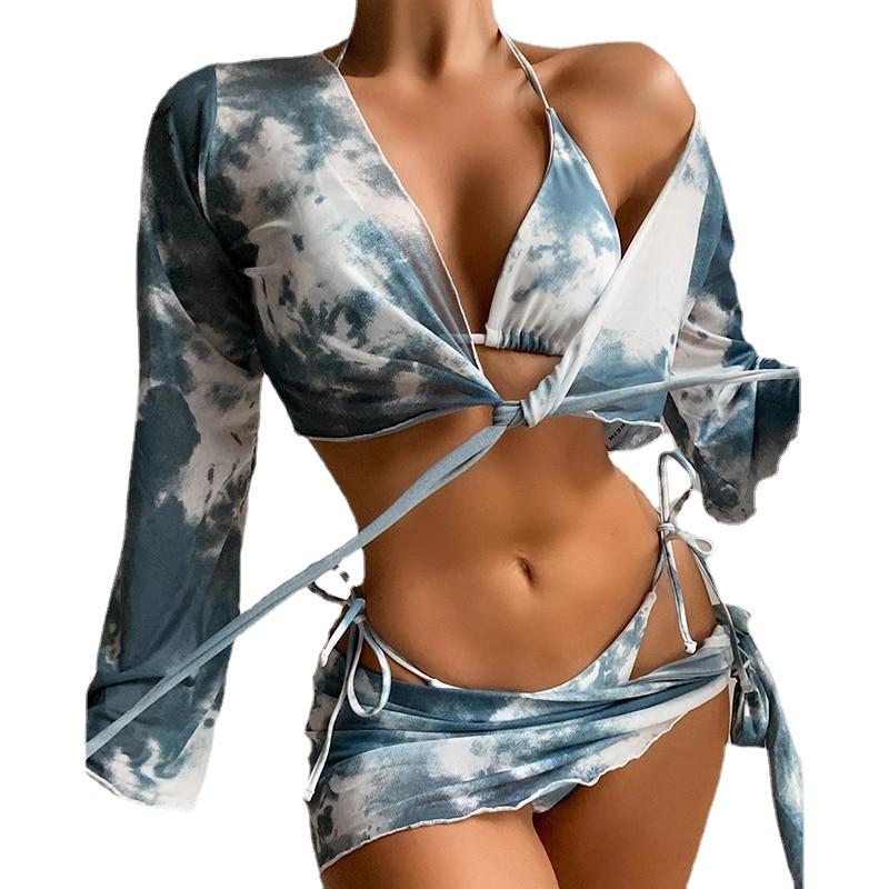 Trendy Hotties' Dye Print Long Sleeve Low Waist Swimsuit With Mesh Tie 4 Pieces