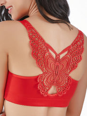 Front Closure Butterfly Embroidery Back Wireless Push Up Bra,Gold