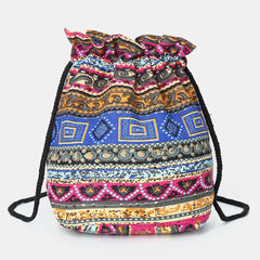 Women Ethnic Canvas String Bucket Bag Crossbody