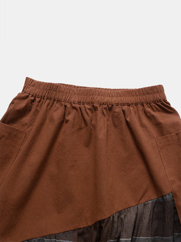 Plaid Print Patchwork Pocket Long Casual Skirt