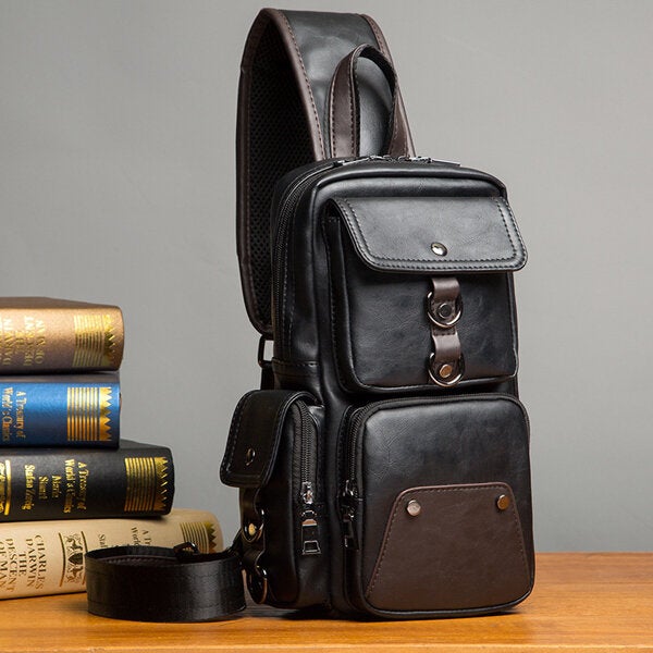 Men's Black Multi-Pocket Crossbody Chest Bag