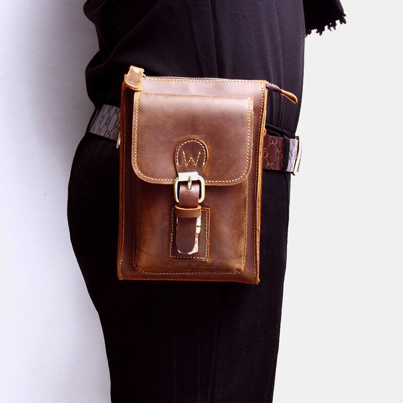 Men's Vintage Leather Crossbody Bag - Durable Multi-functional Waist Belt Bag