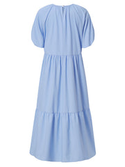 Casual Loose Puff Sleeve O-neck Pleated Button A-line Maxi Dress