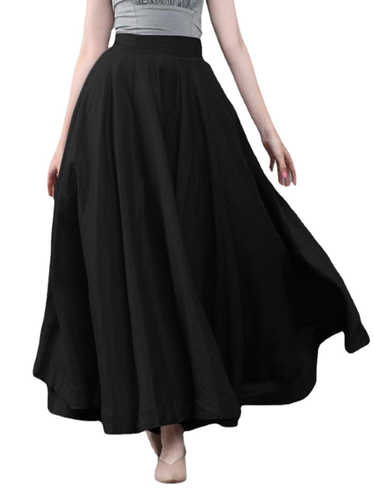 Women Solid Color Back Zip Pleated Casual Swing Skirts With Pocket