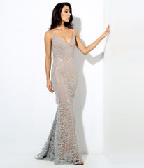 Love&Lemonade  Silver Deep V Neck Open Back Flower Ribs Long Dresses LM0299