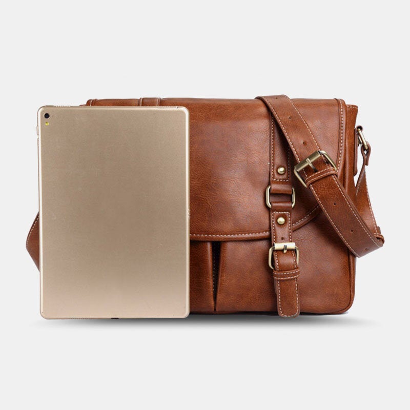 Men's Vintage PU Leather Waterproof Crossbody Bag, Multi-pocket, Large Capacity Shoulder Bag