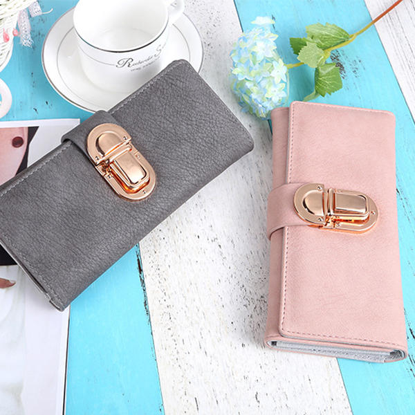 Women PU Leather Hardware Hasp Fold Over Card Holder Purse Wallet