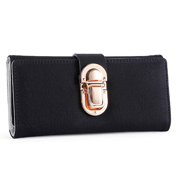 Women PU Leather Hardware Hasp Fold Over Card Holder Purse Wallet