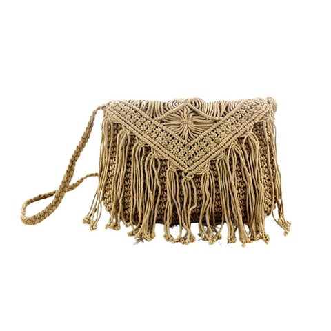 Vintage Ladies' Handmade Rattan Woven Handbag With Tassel