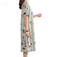 Ladies Short Sleeve Casual Floral Linho Midi Vestidos