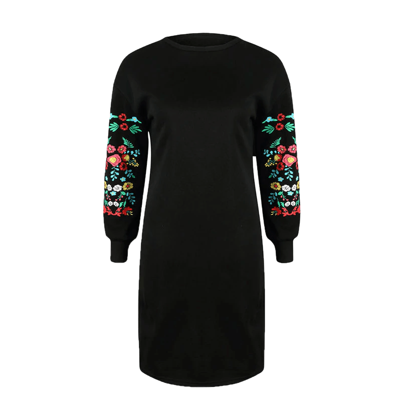 Black Streeetwear Elegant Floral Print Long Sleeve O-Neck Dress - Sheseelady