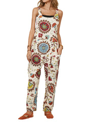 Women Ethnic Pattern Print Straps Casual Loose Jumpsuit With Pocket