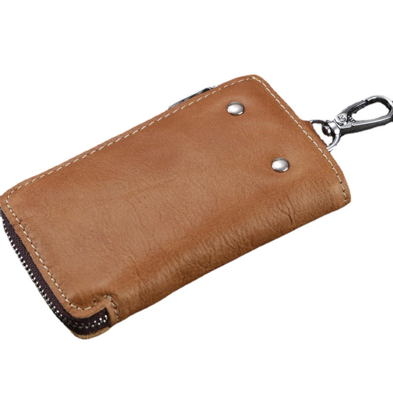 Men And Women Retro Genuine Leather Multi-function 6 Key Holder Purse Solid Card
