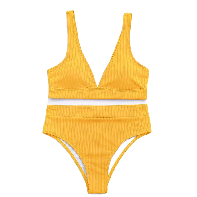 Stylish Spice Girls' Solid Ribbed High Waist V-neck Swimsuit