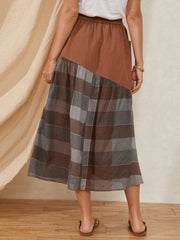 Plaid Print Patchwork Pocket Long Casual Skirt