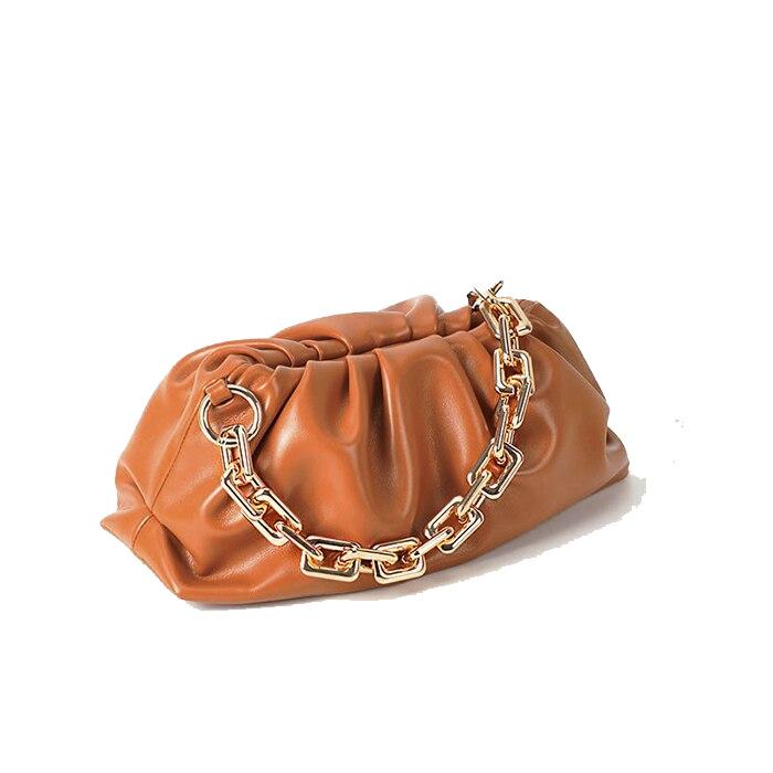 Luxury Fashionable Female Soft Leather Pleated Shoulder Bag With Thick Metal Chain