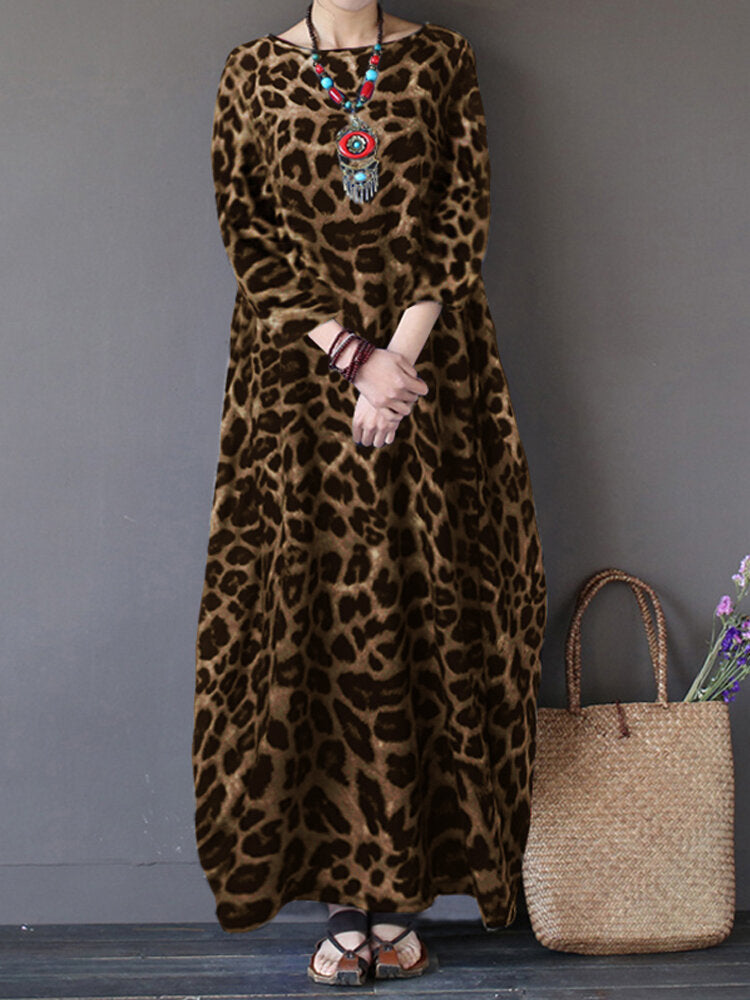 Women Leopard Print Crew Neck Loose Baggy Maxi Dress