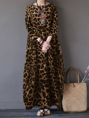 Women Leopard Print Crew Neck Loose Baggy Maxi Dress