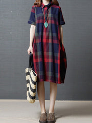 Plaid Button Pocket Lapel Short Sleeve Casual Midi Dress