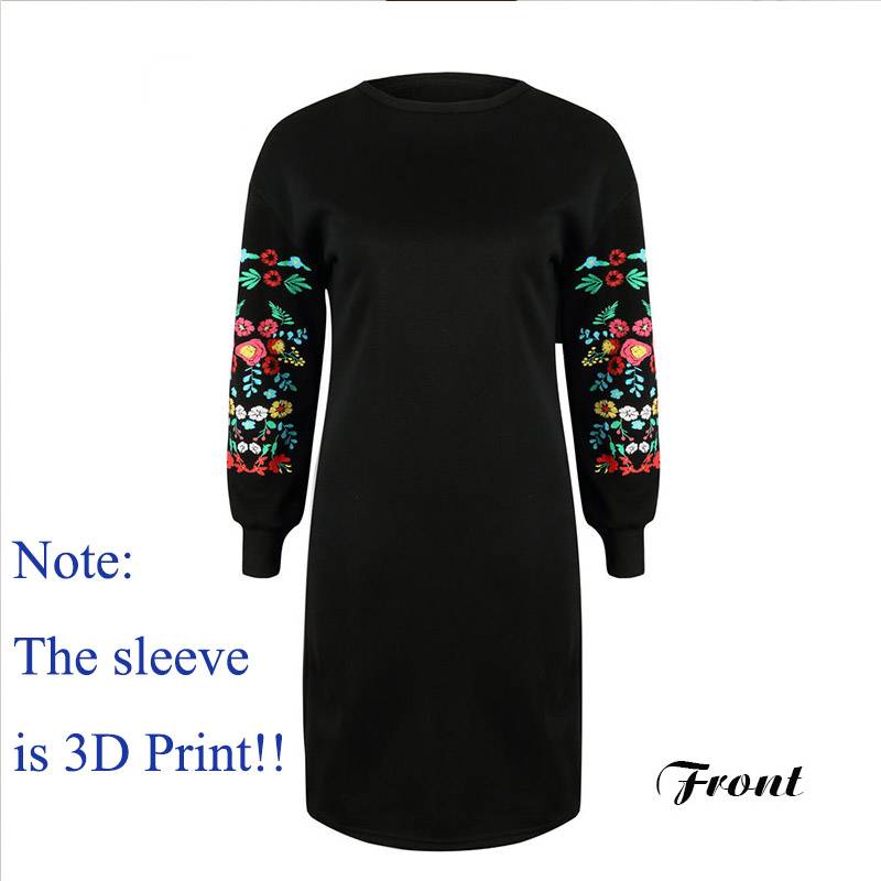 Elegant Floral Print Long Sleeve O-Neck Loose Warm Mini Dress - Sheseelady
