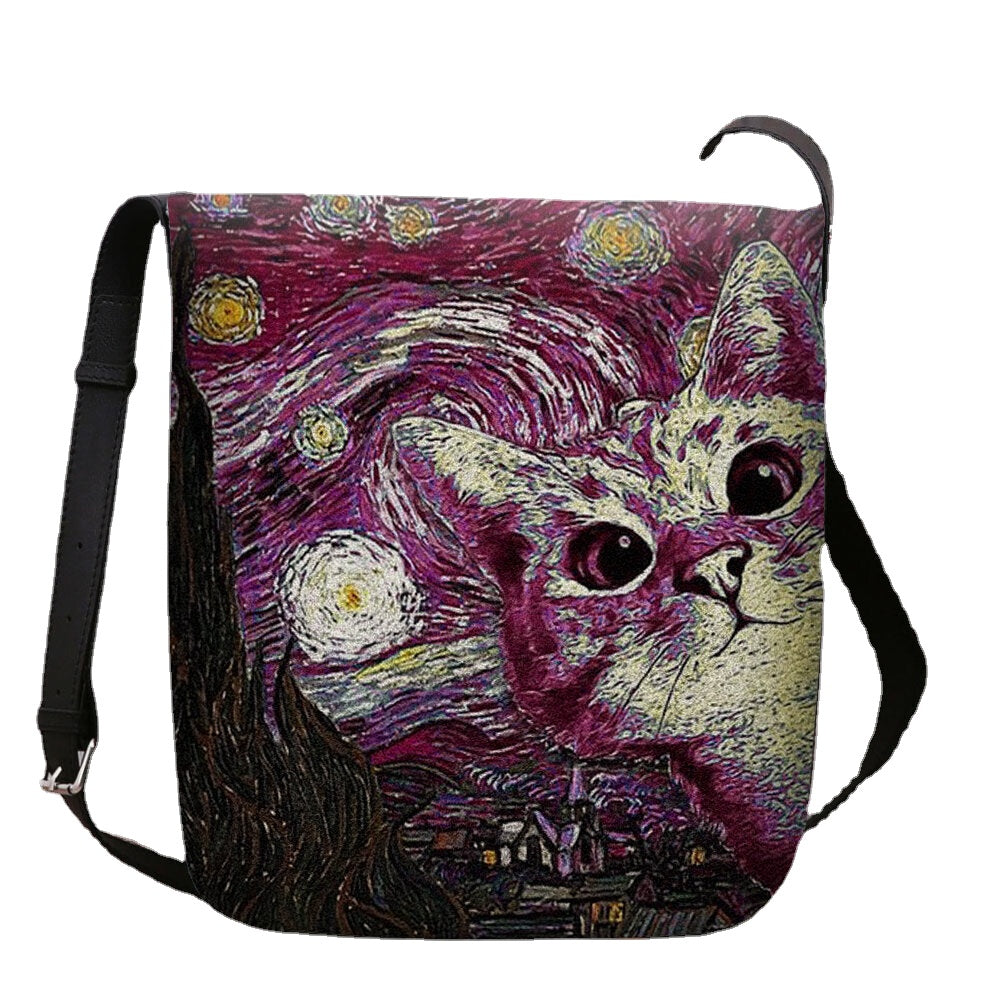 Women Felt Cute Casual Cartoon Cat Pattern With Starry Night Galaxy Paintings Crossbody Bag Shoulder