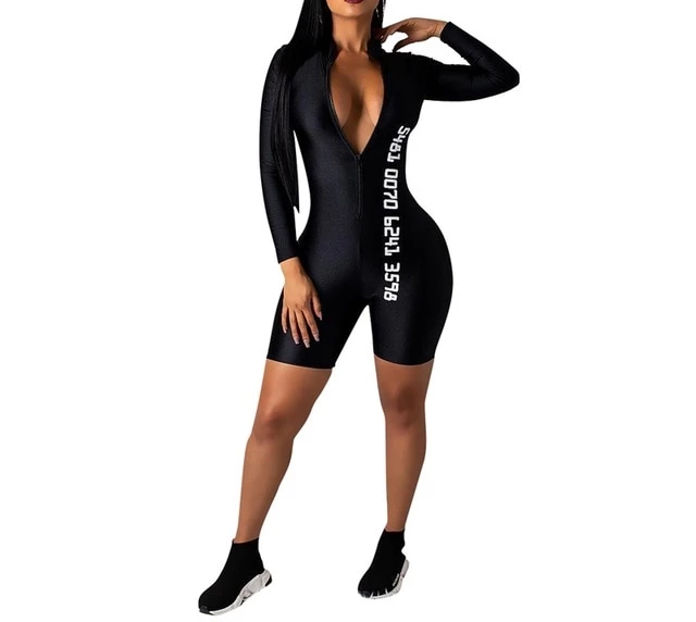Black Body-Con Sexy Long Sleeve Jumpsuit Short For Women - Sheseelady