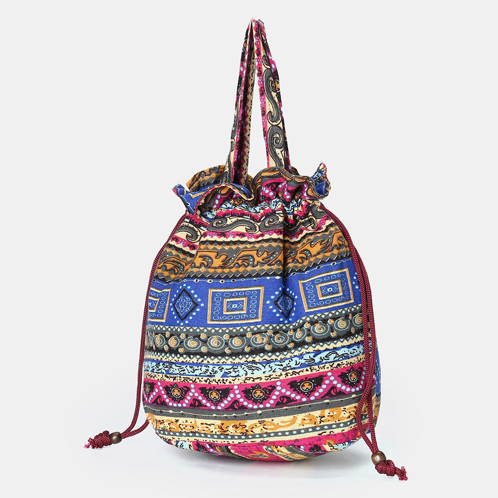 Women Ethnic Canvas String Bucket Bag Crossbody