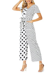 Women Polka Dots Print Patchwork Knotted Short Sleeve Casual Jumpsuit With Pocket