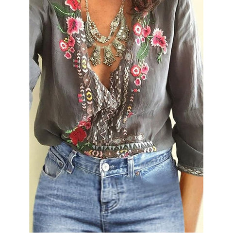 Sexy V Neck Short Sleeve Embroidered Batwing Loose Blouses