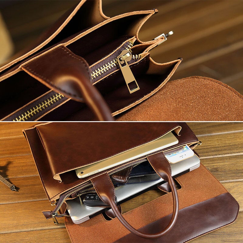 Men's Retro PU Leather Multi-Compartment Briefcase Messenger Bag