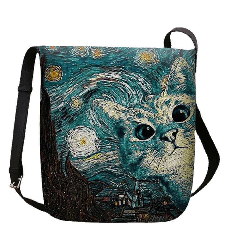 Women Felt Cute Casual Cartoon Cat Pattern With Starry Night Galaxy Paintings Crossbody Bag Shoulder