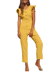 Women O-Neck Fitting Short Sleeve Back Zipper Solid Jumpsuits