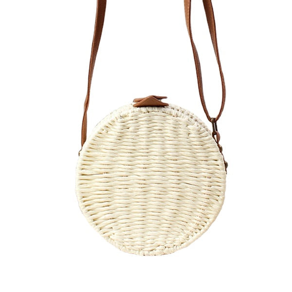 Women Round Woven Straw Crossbody Bag Solid Beach