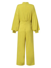 Women Puff Sleeve Solid Ankle LengthZipper O-Neck Casual Jumpsuits
