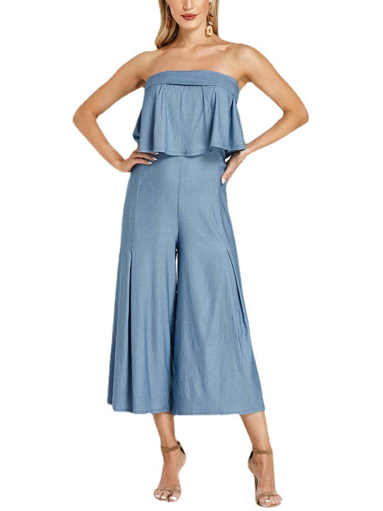 Women Solid Color Ruffle Pleated Off Shoulder Long Casual Jumpsuit