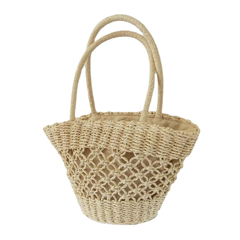 Women Straw Hollow Retro Handmade Paper String Cylindrical Bag Beach Handbag