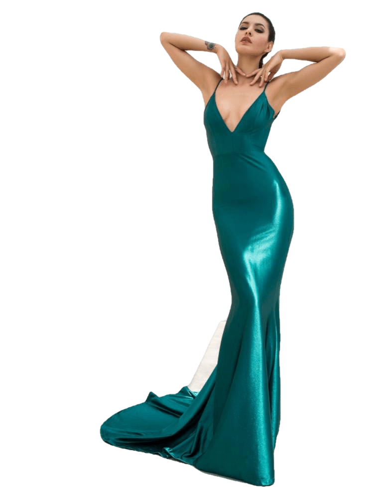 Love&Lemonade . Green Deep V-Neck Open Back Slim Flash Material Maxi Dress  LM1099