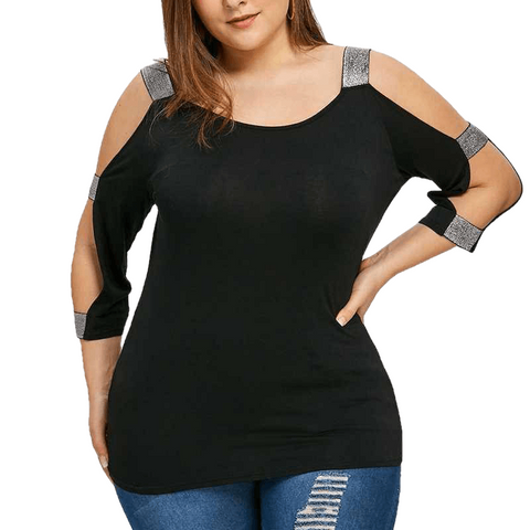 Plus Taille O Neck Black Tunic Shirt Sexy Cold Shoulder Blouse