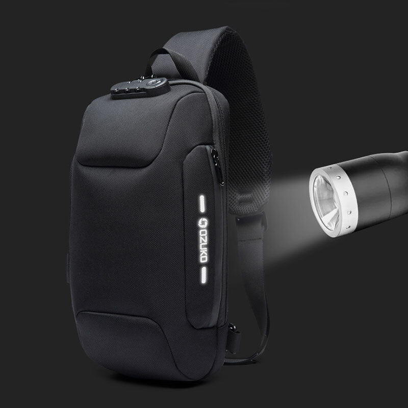 Men Oxford Password Lock Anti-theft Waterproof Reflective Design Crossbody Bag Multi-compartments USB Charging Chest Bag